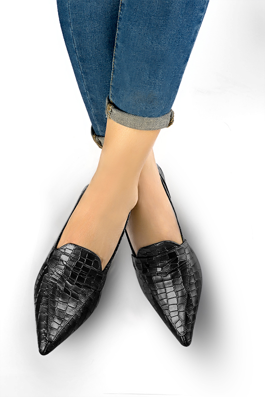 Satin black women's fashion loafers. Pointed toe. Flat flare heels. Worn view - Florence KOOIJMAN